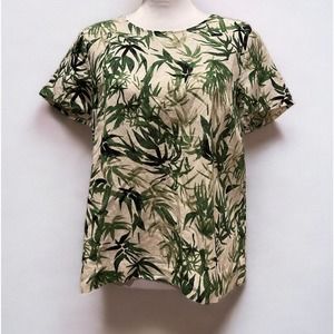 Womens J Jill Linen blend Top S Short Sleeve Cream Green Buttons Hawaiian cruise
